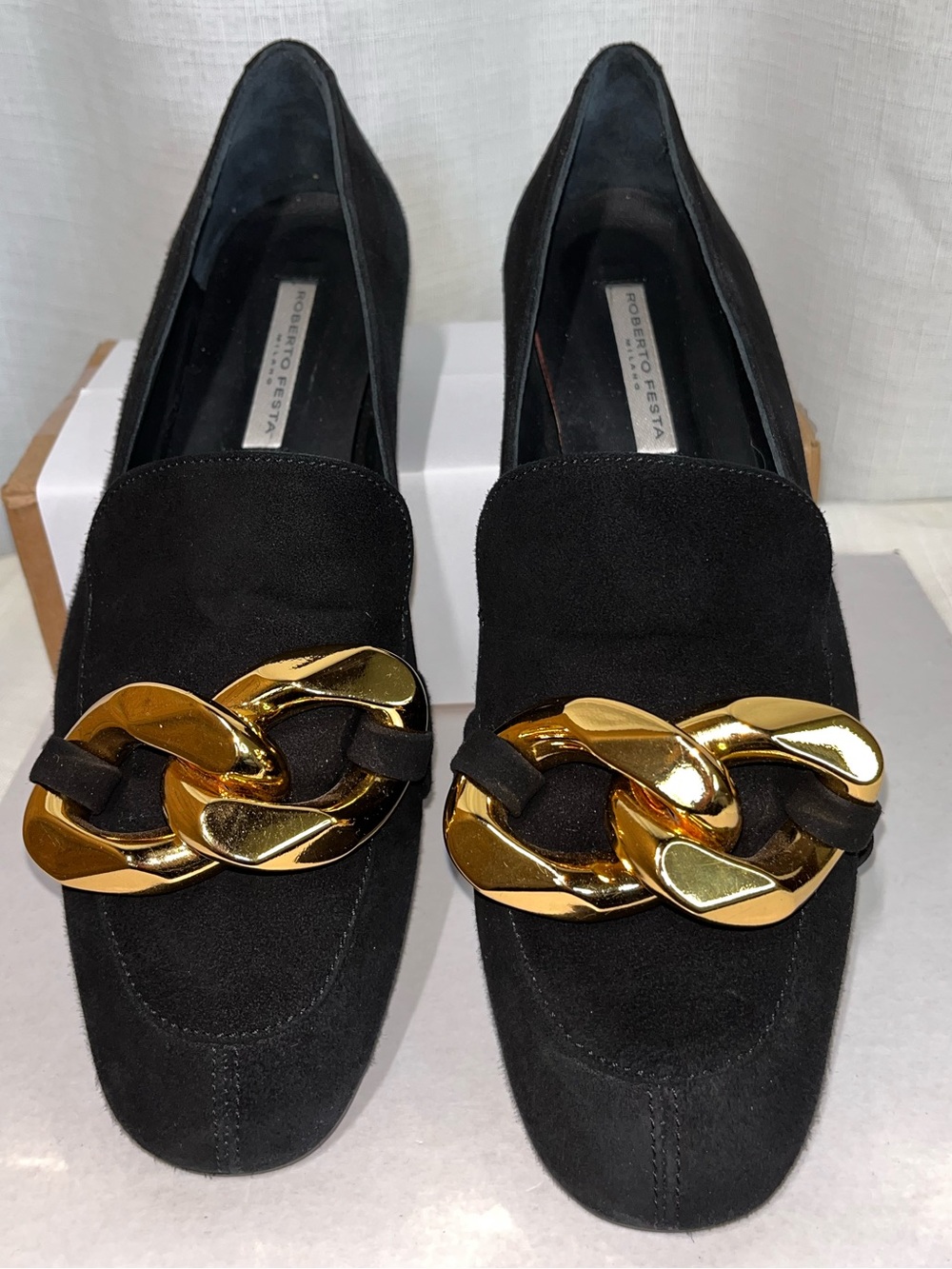 Roberto Festa Milano Black Suede Loafers Gold Chain Italy Sz 39.5 Designer Flats
